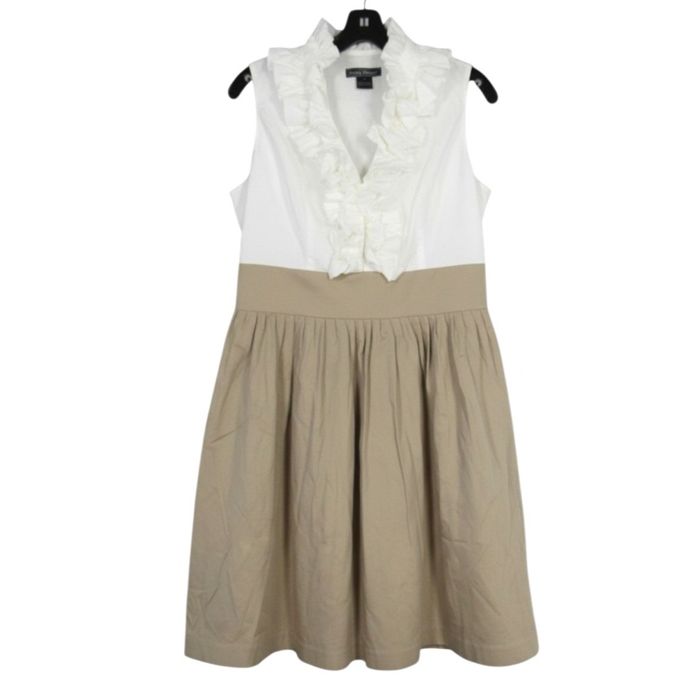 JESSICA HOWARD White/Tan TWILL Ruffle V-Neck PLEATED Zipper MIDI A-LINE DRESS 14 - Picture 1 of 6